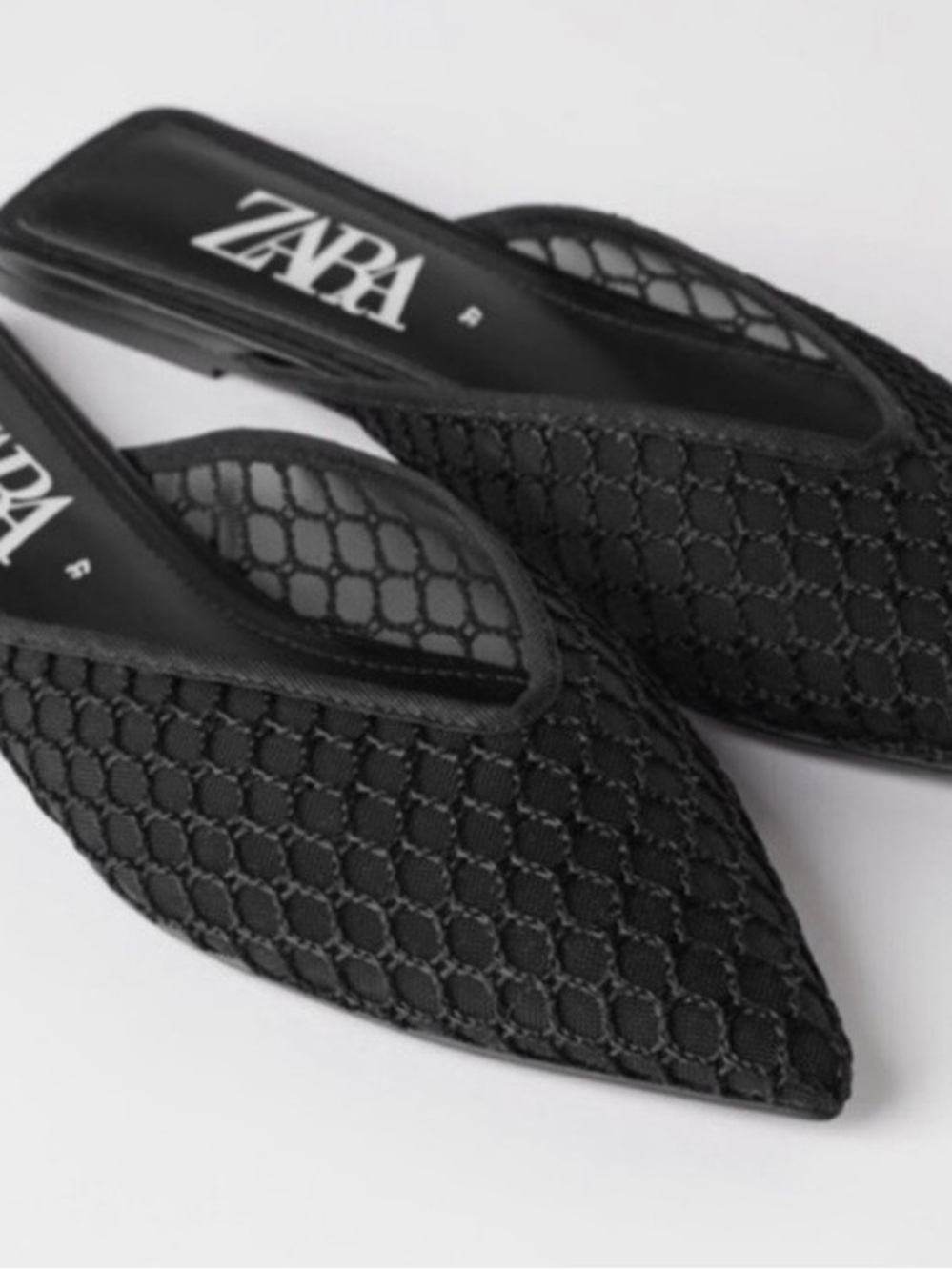 Zara Black Pointed Mesh Slip-On Mules